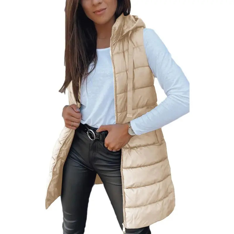 Women Long Puffer Vest Solid Color Sleeveless Hood Winter Outwear