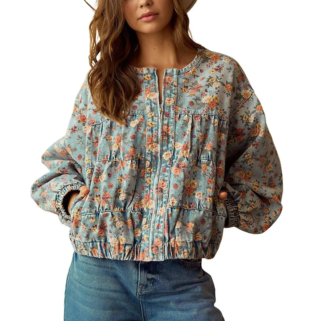 Women's Floral Denim Jacket Loose Fit with Pockets