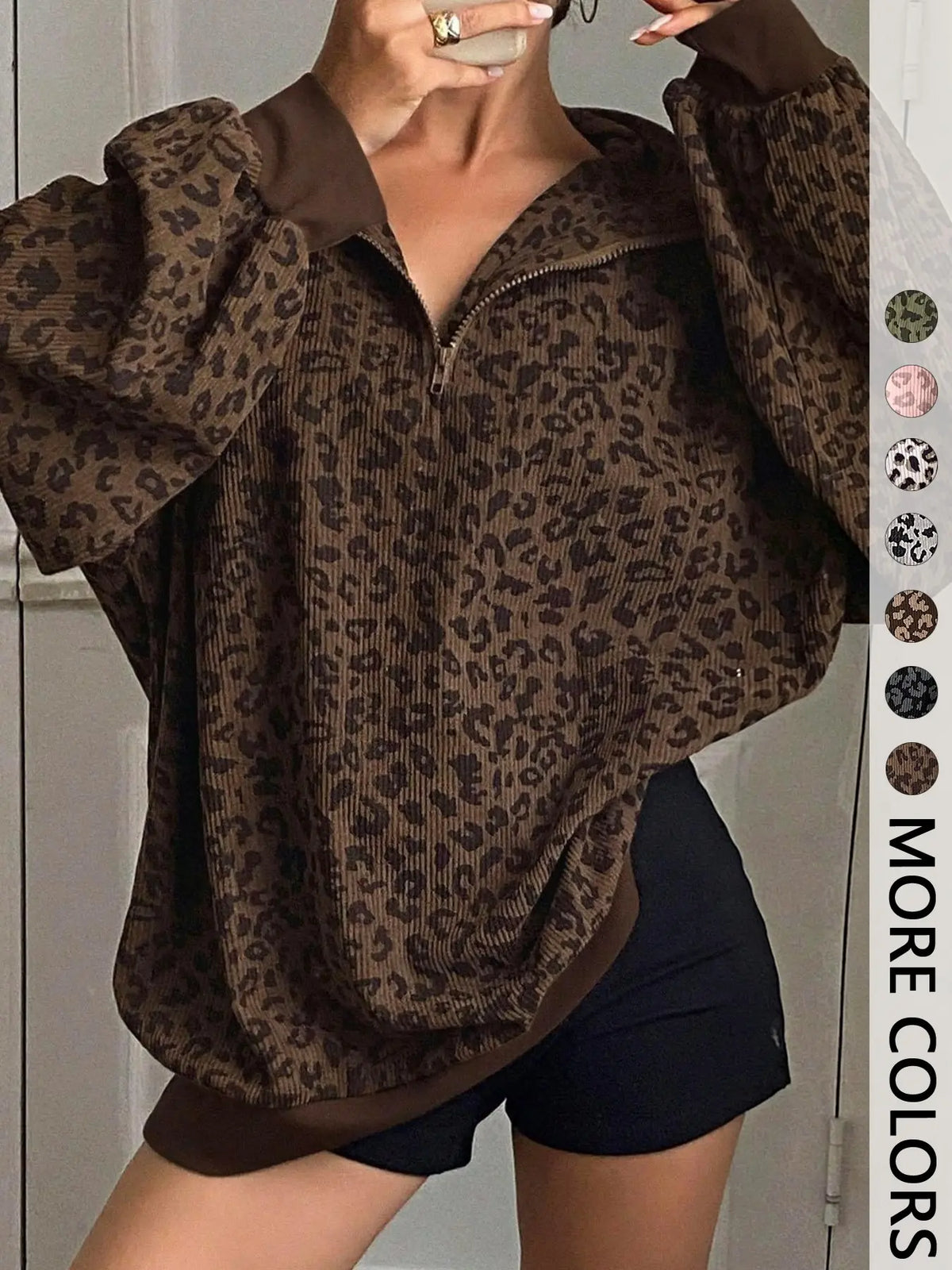 Women's Leopard Print Oversized Half Zip Sweatshirt