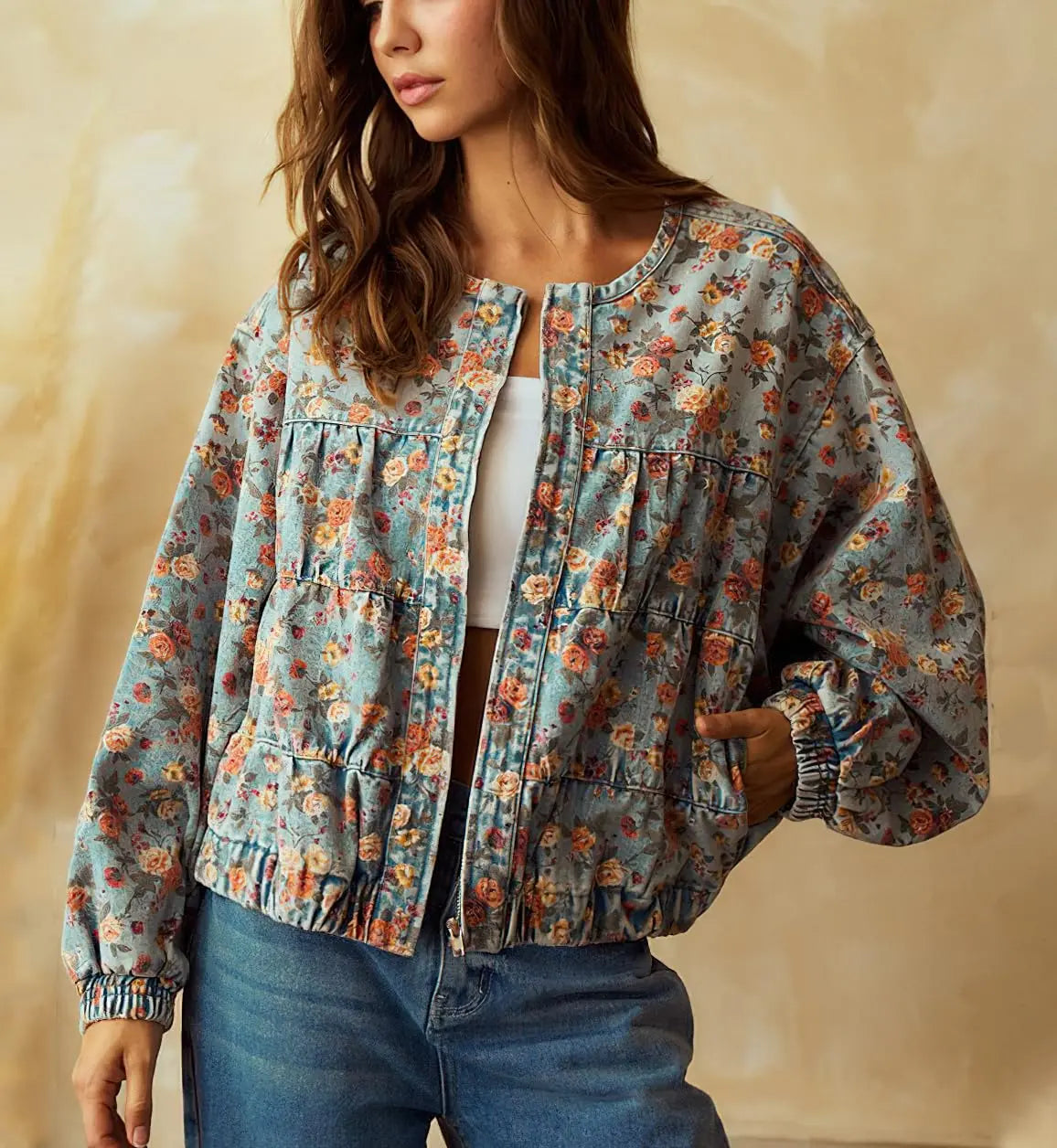 Women's Floral Denim Jacket Loose Fit with Pockets