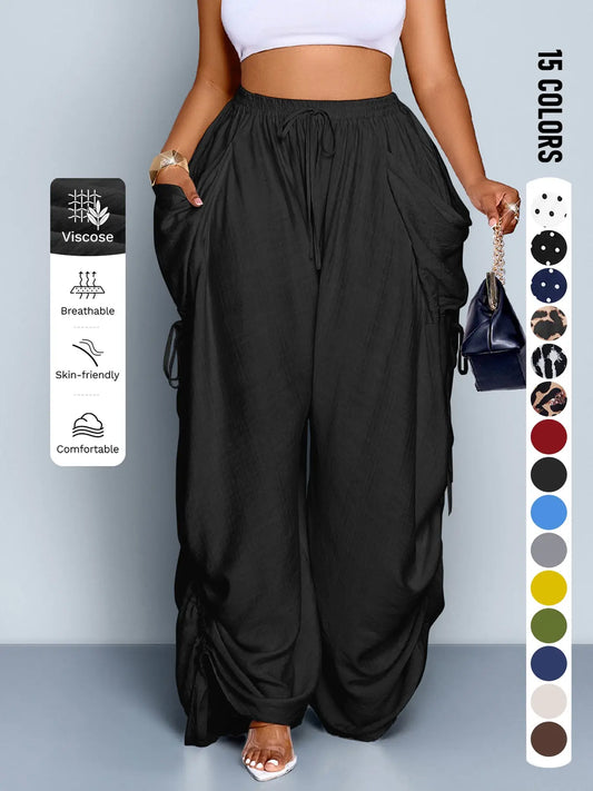 Plus Size Wide Leg Casual Pants, High Waist Black