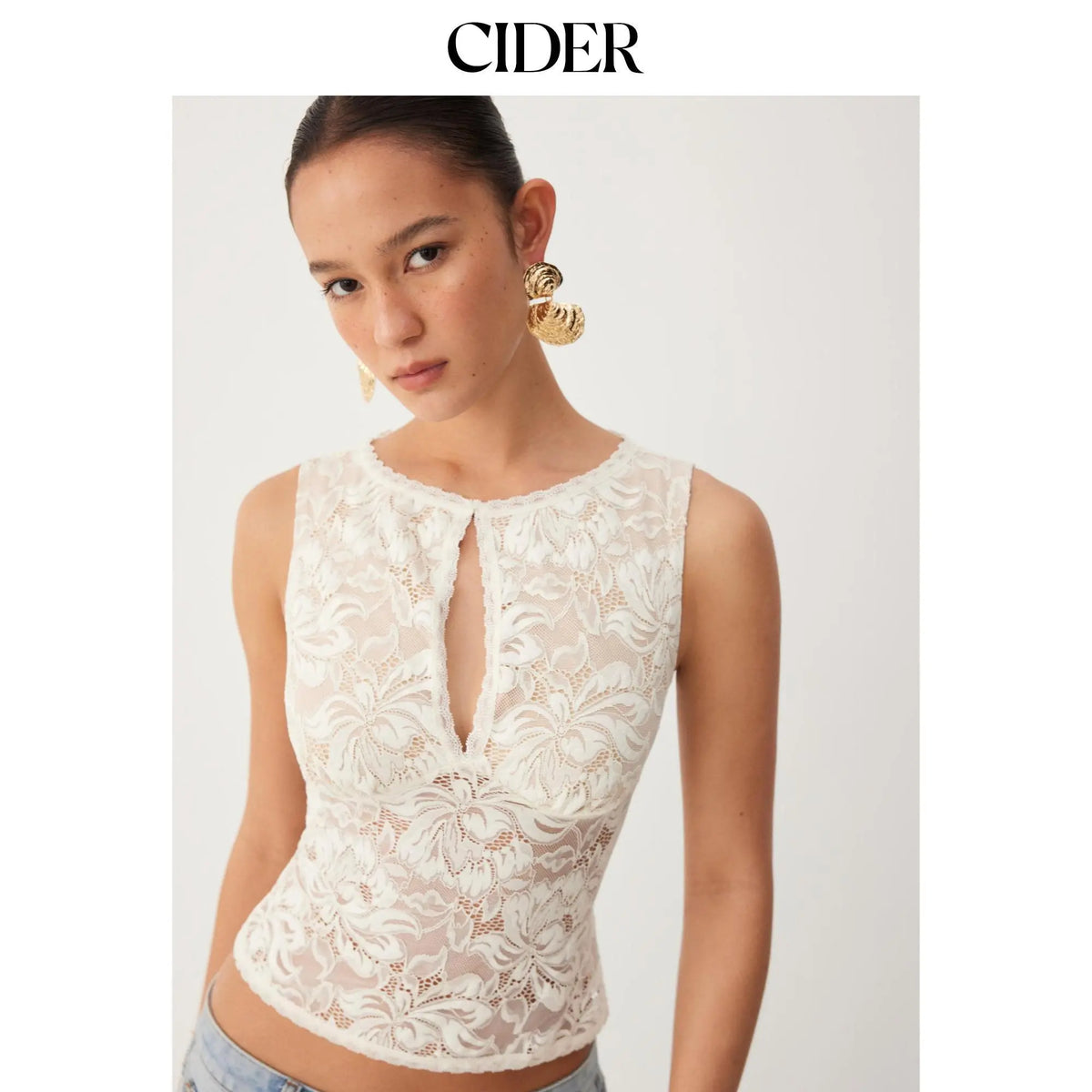 Cider Sheer Lace Boat Neck Sleeveless Top