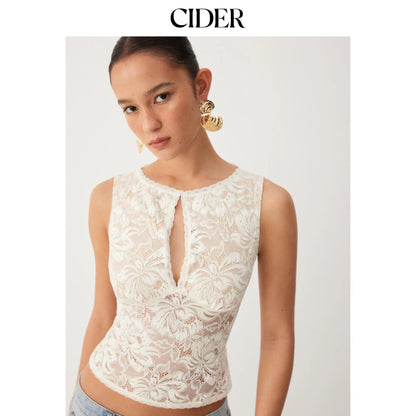 Cider Sheer Lace Boat Neck Sleeveless Top