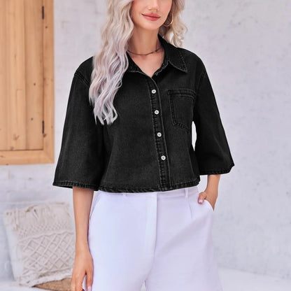 Tankaneo Crop Denim Shirt Jacket Half Sleeve Button Down