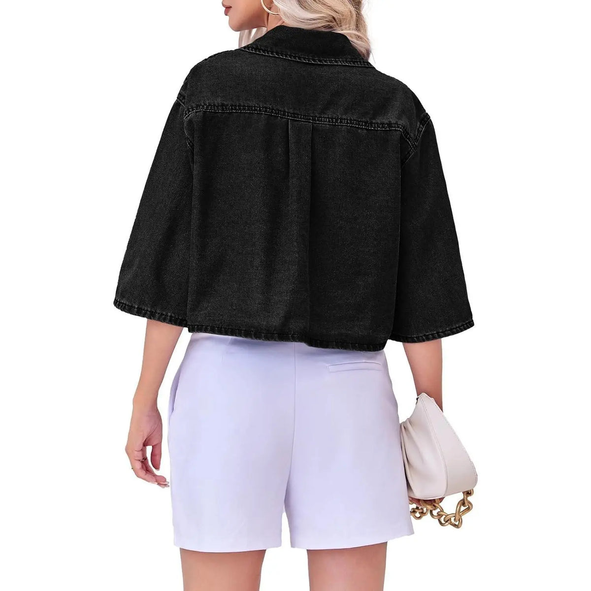 Tankaneo Crop Denim Shirt Jacket Half Sleeve Button Down