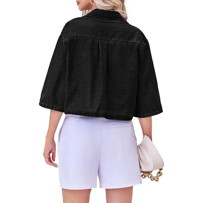 Tankaneo Crop Denim Shirt Jacket Half Sleeve Button Down