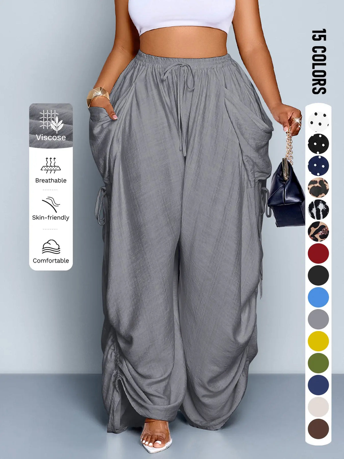 Plus Size Wide Leg Casual Pants, High Waist Black