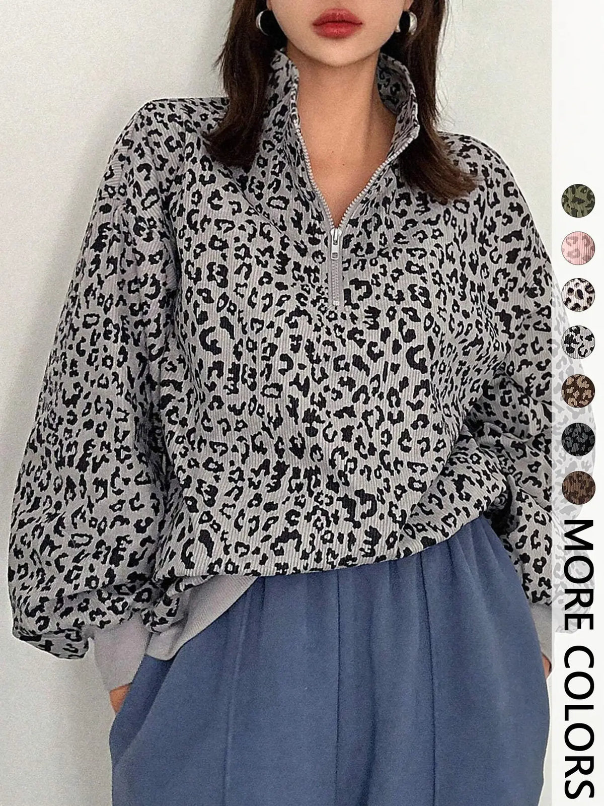 Women's Leopard Print Oversized Half Zip Sweatshirt