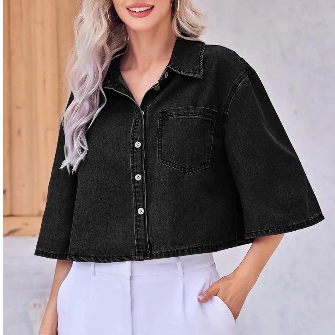 Tankaneo Crop Denim Shirt Jacket Half Sleeve Button Down