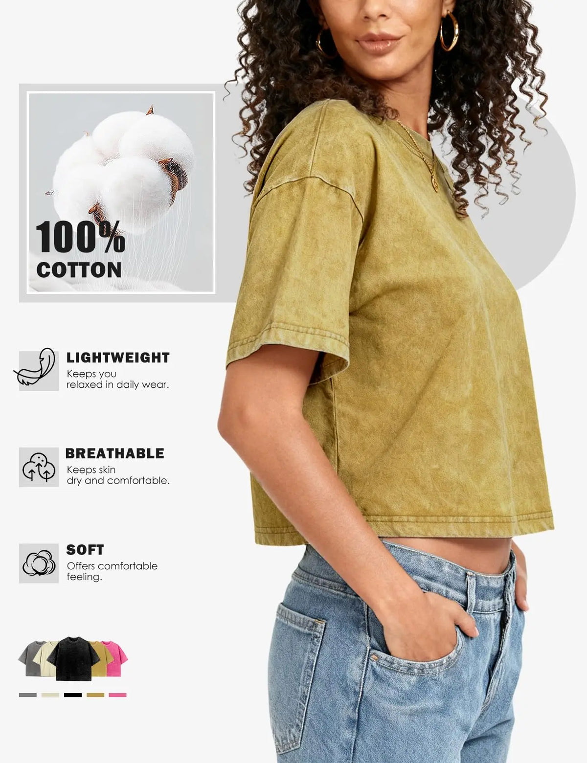 Arssm Cropped T-Shirts Women Cotton Acid Wash