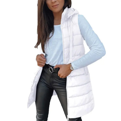 Women Long Puffer Vest Solid Color Sleeveless Hood Winter Outwear