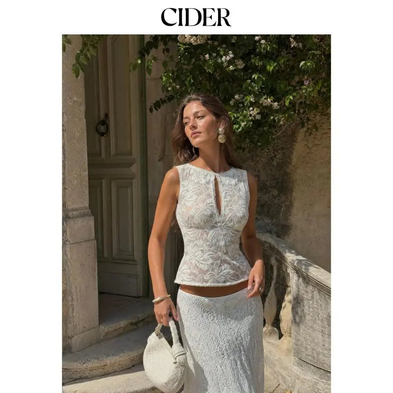 Cider Sheer Lace Boat Neck Sleeveless Top