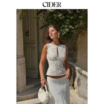 Cider Sheer Lace Boat Neck Sleeveless Top