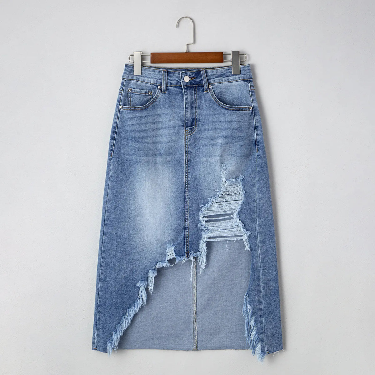Asvivid Women's Ripped Asymmetrical Denim Midi Skirt with Raw Frayed Hem
