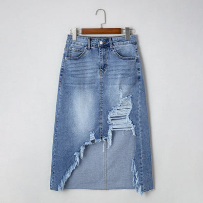 Asvivid Women's Ripped Asymmetrical Denim Midi Skirt with Raw Frayed Hem