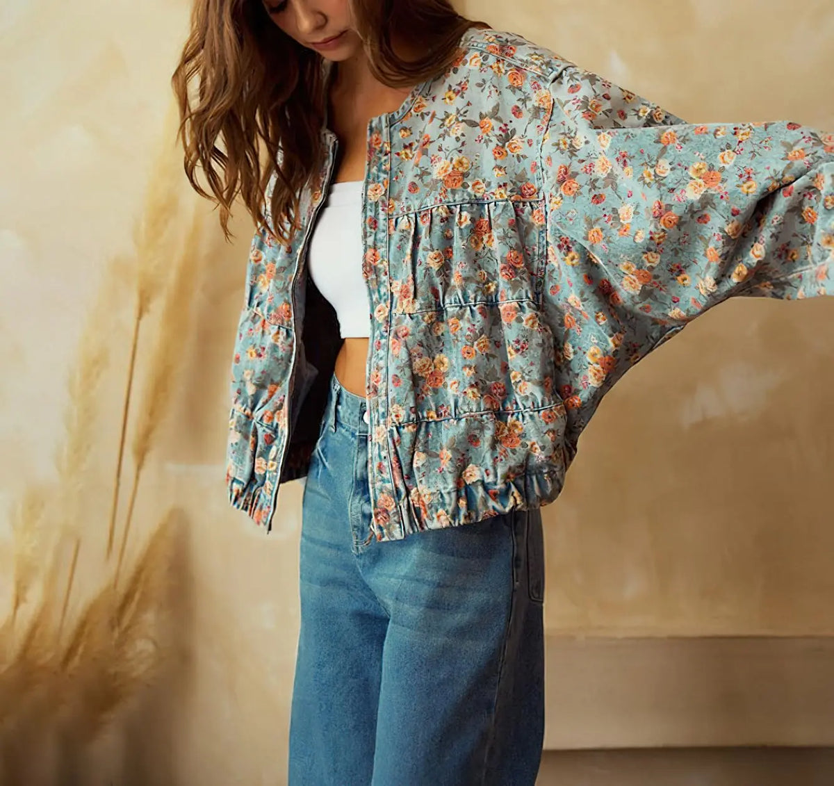 Women's Floral Denim Jacket Loose Fit with Pockets