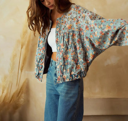 Women's Floral Denim Jacket Loose Fit with Pockets