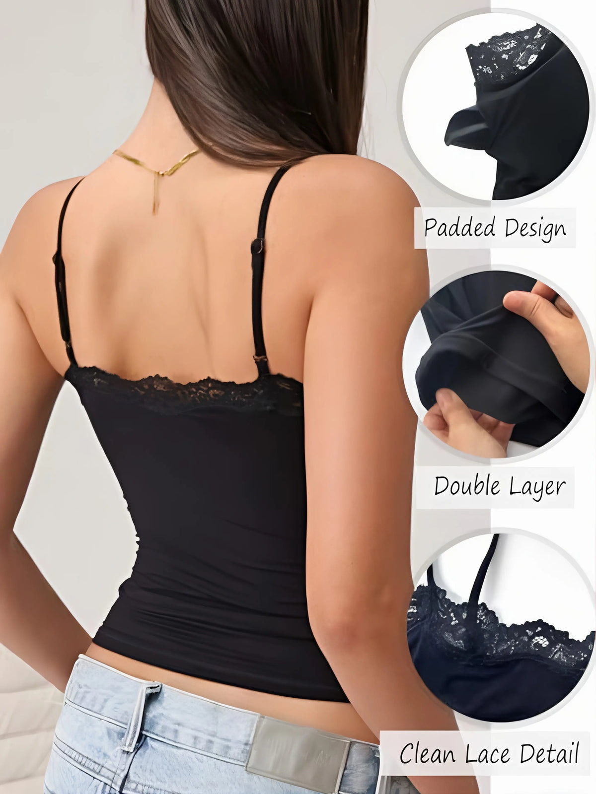 Padded Lace Cami Top, Black Slim Fit