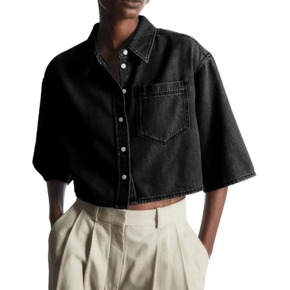 Tankaneo Crop Denim Shirt Jacket Half Sleeve Button Down