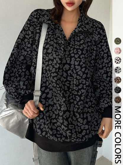 Women's Leopard Print Oversized Half Zip Sweatshirt