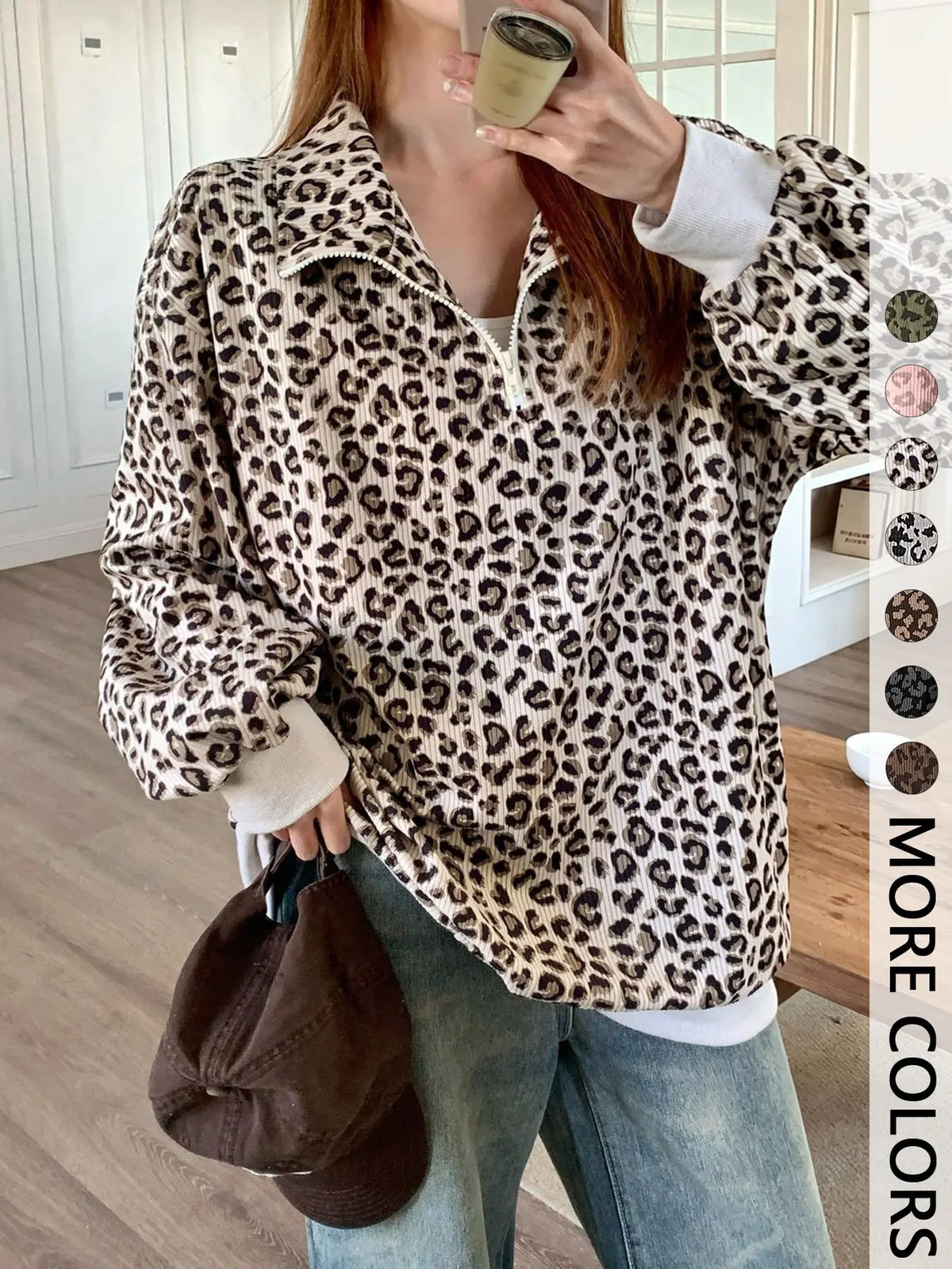 Women's Leopard Print Oversized Half Zip Sweatshirt