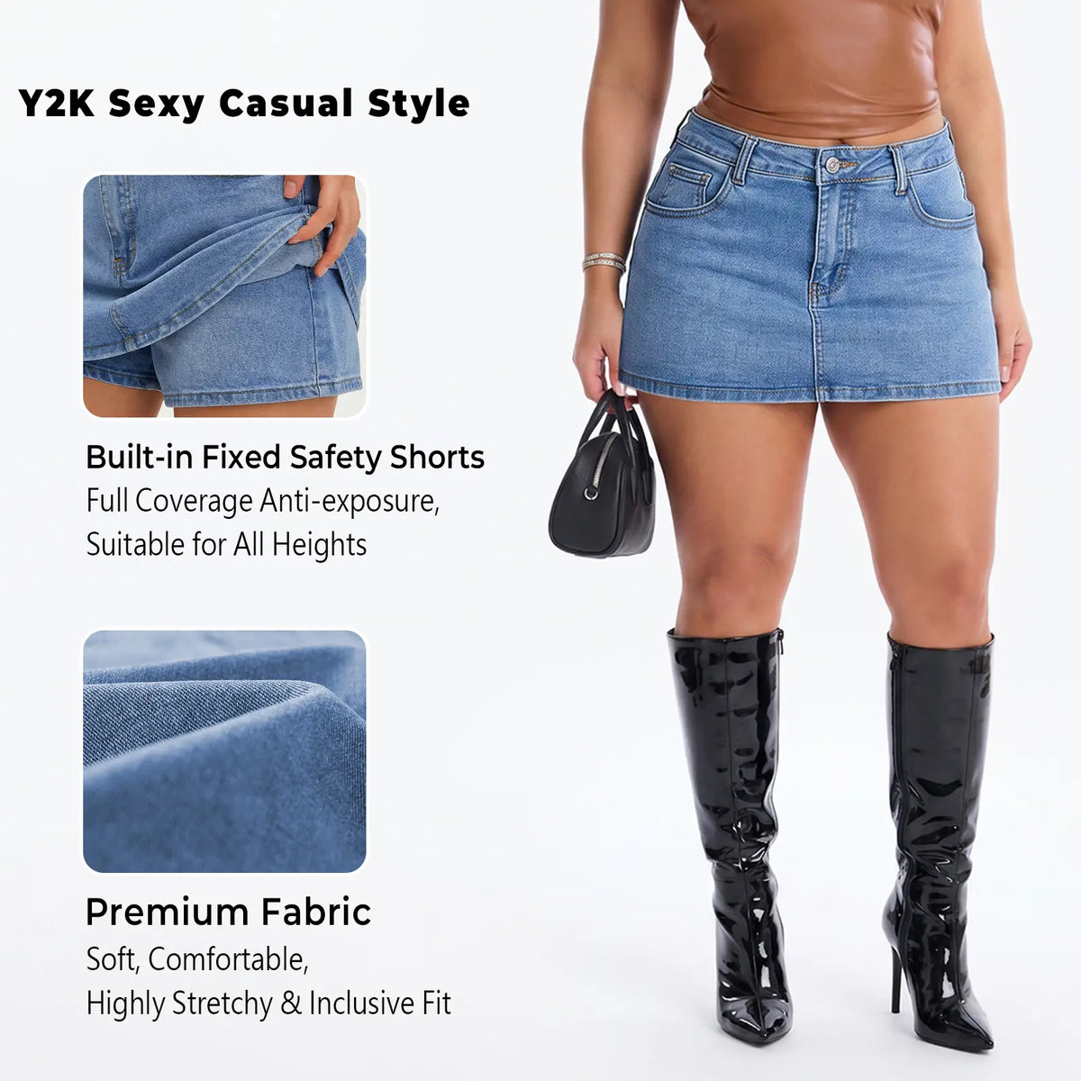 Women Denim Skort Skirt | Casual, Y2K Style, Mid Waist, Mini Length