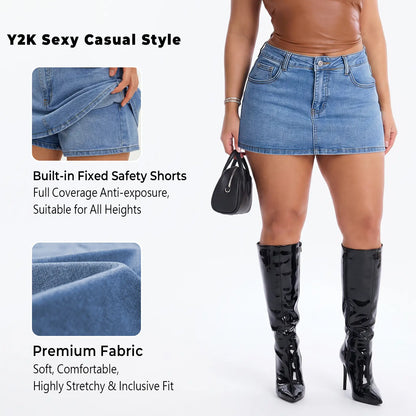 Women Denim Skort Skirt | Casual, Y2K Style, Mid Waist, Mini Length