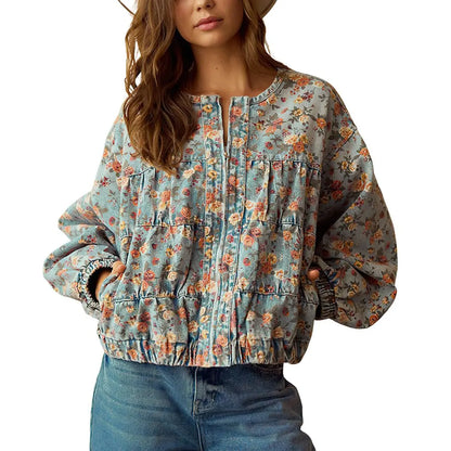 Women's Floral Denim Jacket Loose Fit with Pockets