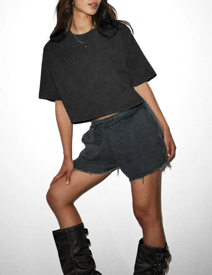 Arssm Cropped T-Shirts Women Cotton Acid Wash