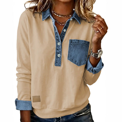 Asvivid Women Denim Collar Patchwork Sweatshirt