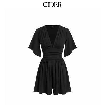 Textured V-Neck Ruched Ribbed Romper