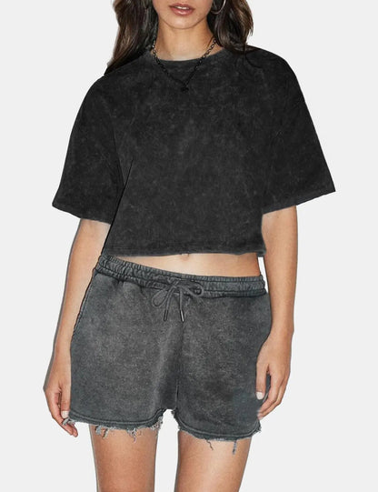 Arssm Cropped T-Shirts Women Cotton Acid Wash