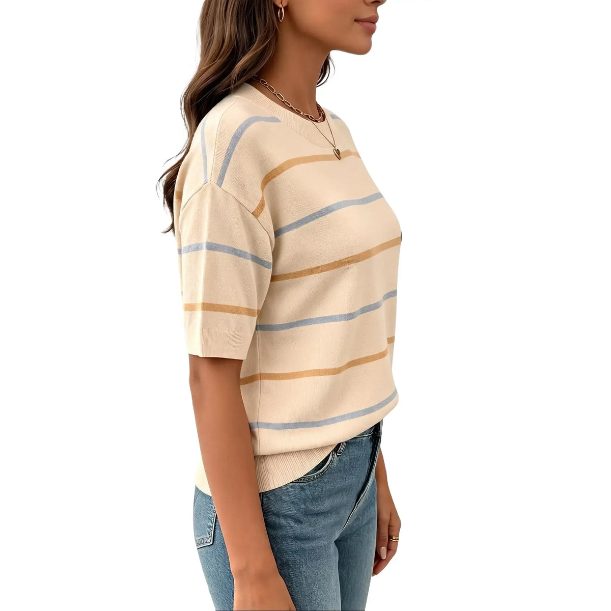 Shewin Women's Striped Knit Short Sleeve Pullover