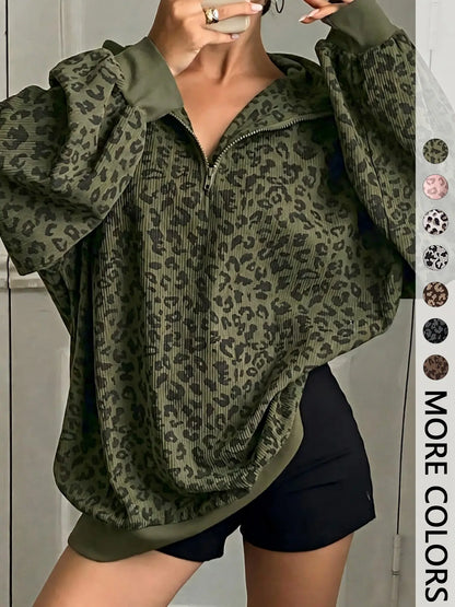 Women's Leopard Print Oversized Half Zip Sweatshirt