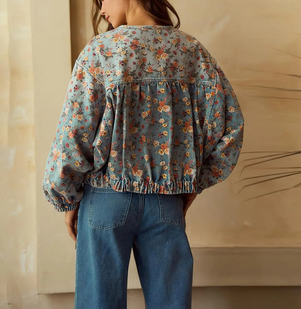 Women's Floral Denim Jacket Loose Fit with Pockets