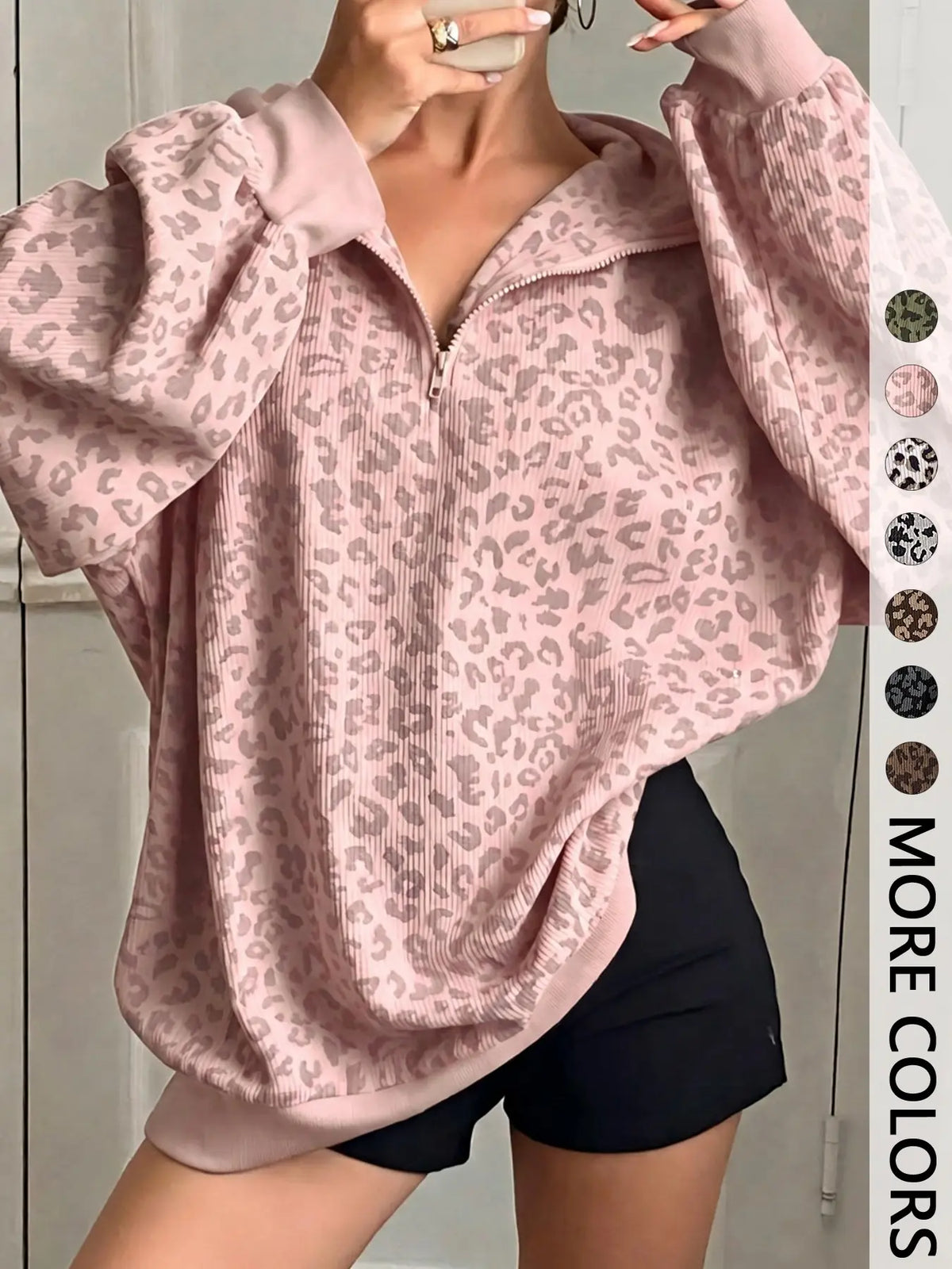 Women's Leopard Print Oversized Half Zip Sweatshirt