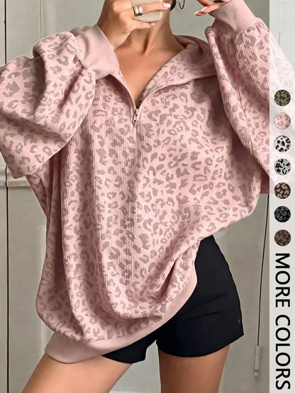 Women's Leopard Print Oversized Half Zip Sweatshirt