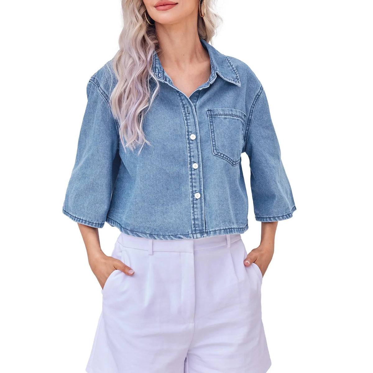 Tankaneo Crop Denim Shirt Jacket Half Sleeve Button Down
