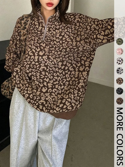 Women's Leopard Print Oversized Half Zip Sweatshirt