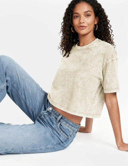 Arssm Cropped T-Shirts Women Cotton Acid Wash