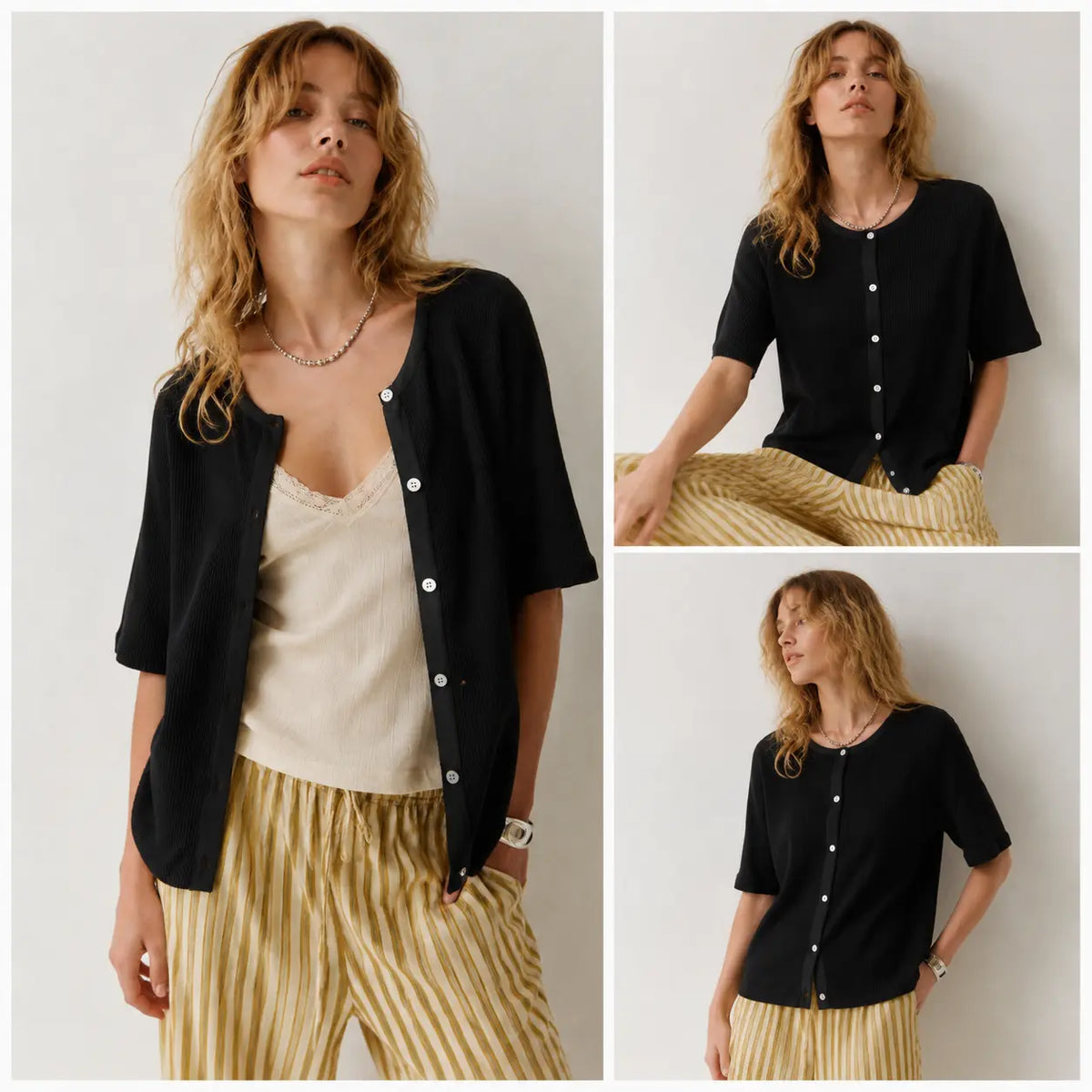 Tanming Women's Short Sleeve Ribbed Knit Cardigan