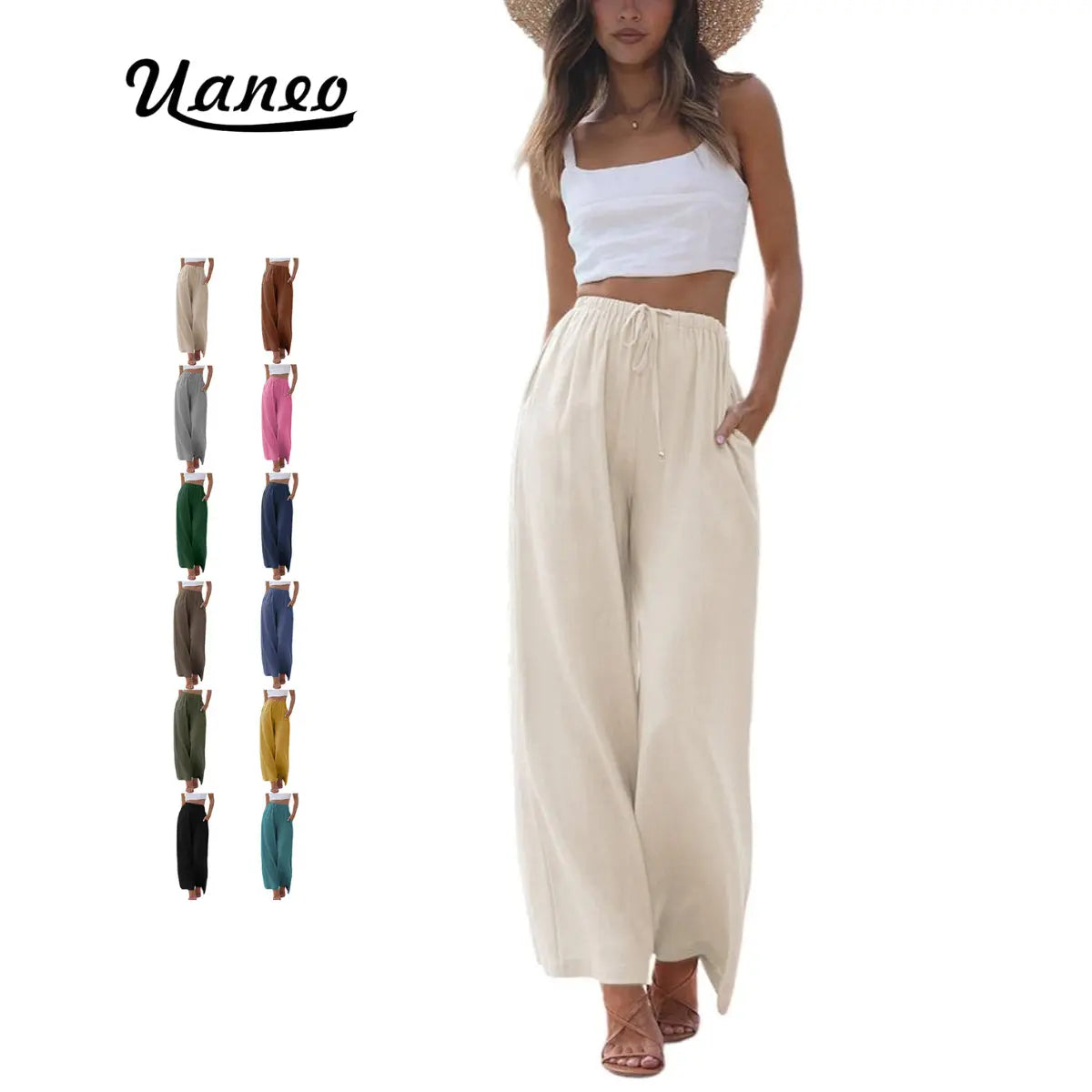 UANEO Women's Cotton Linen Palazzo Pants