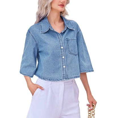 Tankaneo Crop Denim Shirt Jacket Half Sleeve Button Down