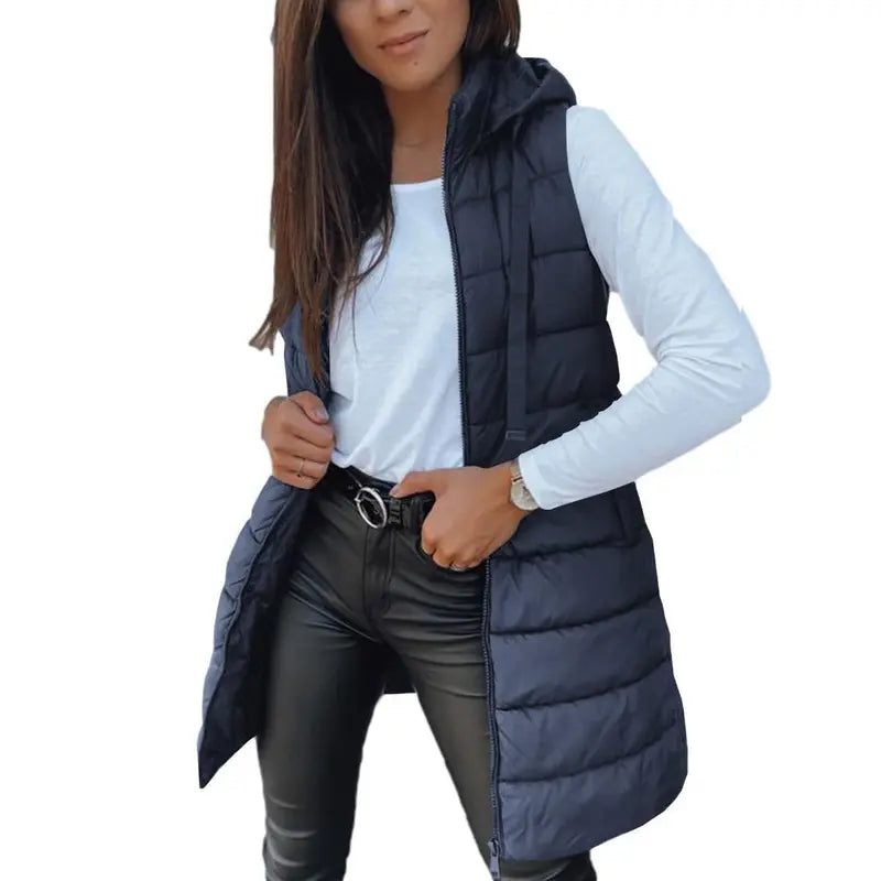 Women Long Puffer Vest Solid Color Sleeveless Hood Winter Outwear