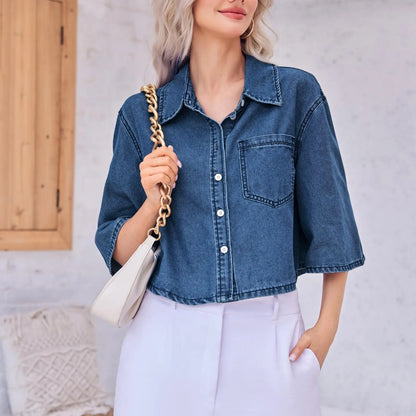 Tankaneo Crop Denim Shirt Jacket Half Sleeve Button Down