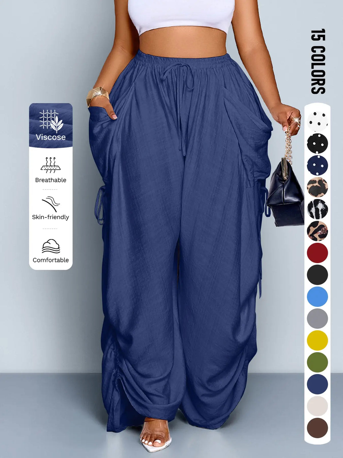 Plus Size Wide Leg Casual Pants, High Waist Black