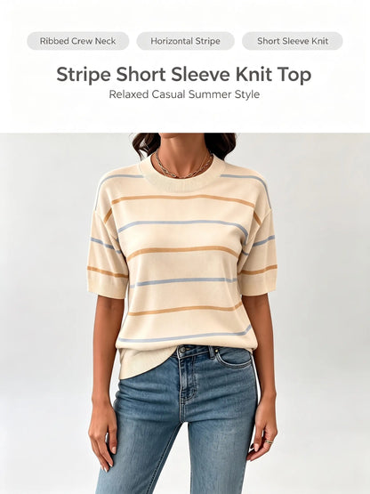 Shewin Women's Striped Knit Short Sleeve Pullover