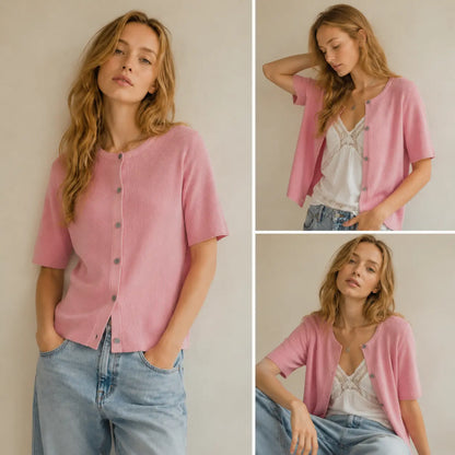 Tanming Women's Short Sleeve Ribbed Knit Cardigan