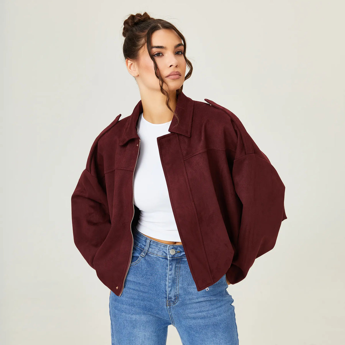 Katch Me Chic Women's Winter Vintage Collared Zipper Jacket - Oversized Outerwear for Ladies