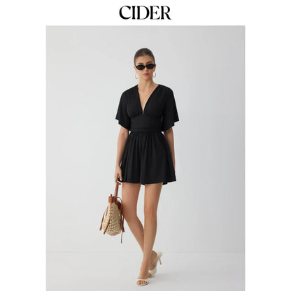 Textured V-Neck Ruched Ribbed Romper